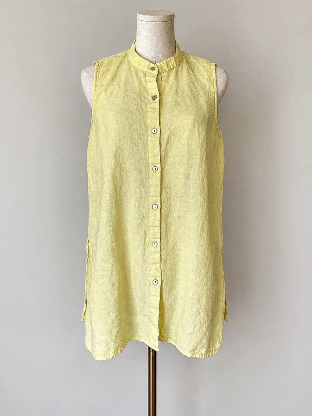 Eileen Fisher 100% Organic Linen Sleeveless Tunic Blouse Yellow Button Front M